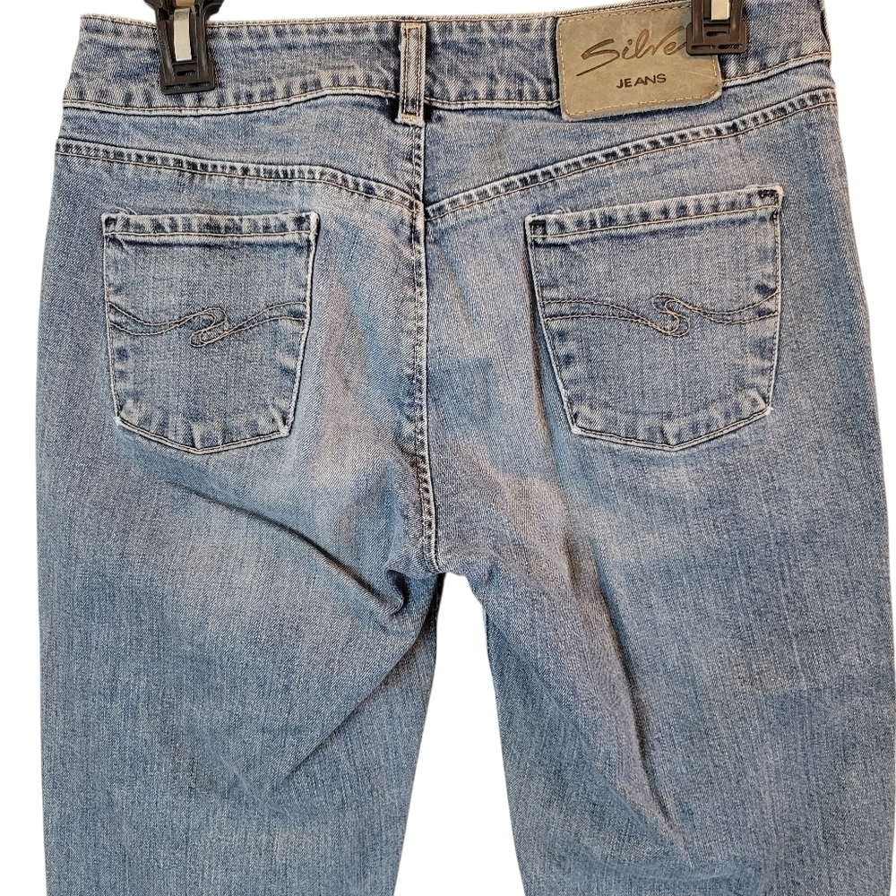 Y2K Silver Low Rise Flare Medium Wash Denim Jeans Pants - Picture 5 of 9